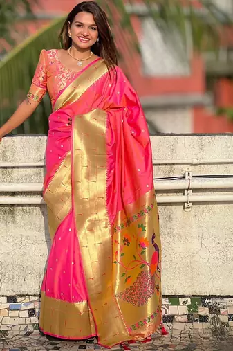Peach woven design zari paithani saree