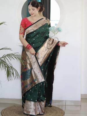 Green geometric woven design paithani silk saree with unstitched blouse piece 1