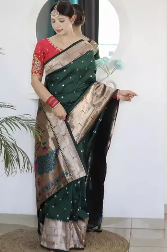 Green geometric woven design paithani silk saree with unstitched blouse piece