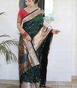 Green geometric woven design paithani silk saree with unstitched blouse piece