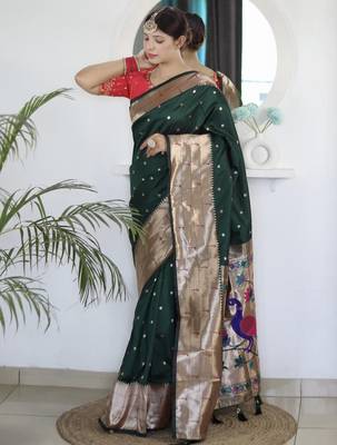 Green geometric woven design paithani silk saree with unstitched blouse piece 2