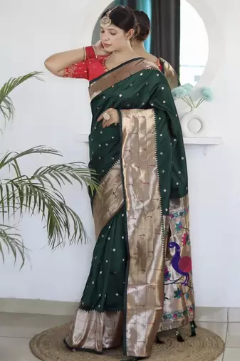 Green geometric woven design paithani silk saree with unstitched blouse piece