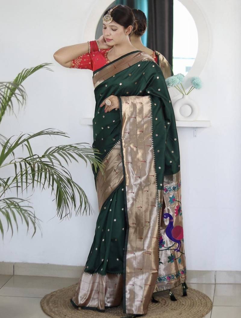 Green geometric woven design paithani silk saree with unstitched blouse piece