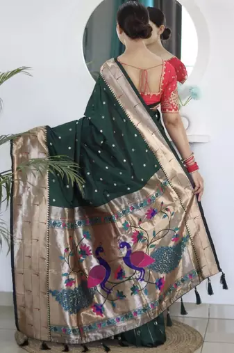 Green geometric woven design paithani silk saree with unstitched blouse piece