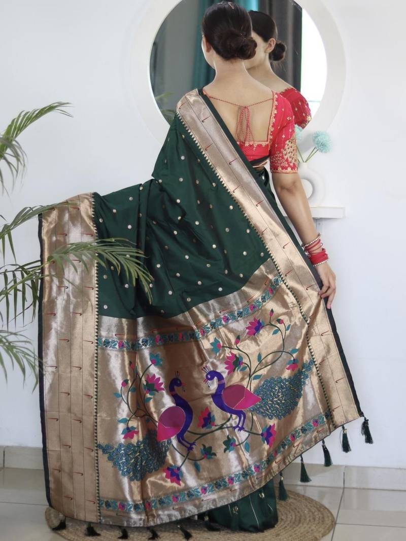 Green geometric woven design paithani silk saree with unstitched blouse piece