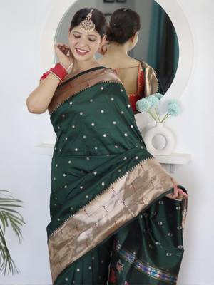 Green geometric woven design paithani silk saree with unstitched blouse piece 4