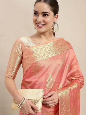 Peach ethnic motifs zari woven banarasi saree 1
