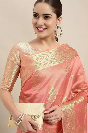 Peach ethnic motifs zari woven banarasi saree