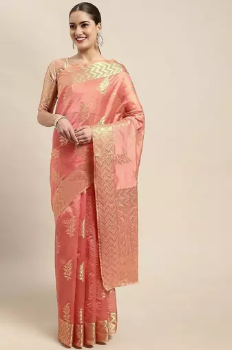 Peach ethnic motifs zari woven banarasi saree