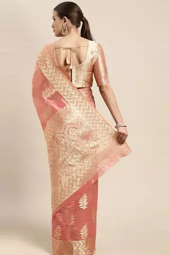 Peach ethnic motifs zari woven banarasi saree