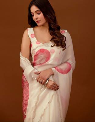 Off white polka dot embroidered organza saree 1