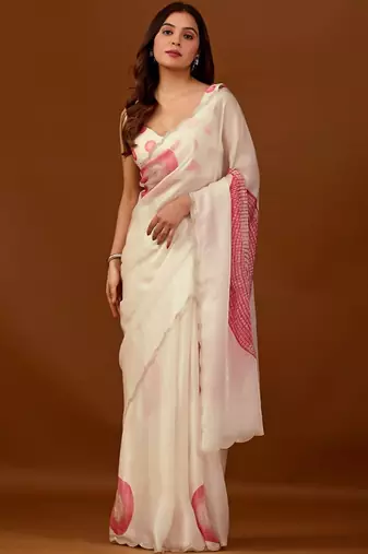 Off white polka dot embroidered organza saree