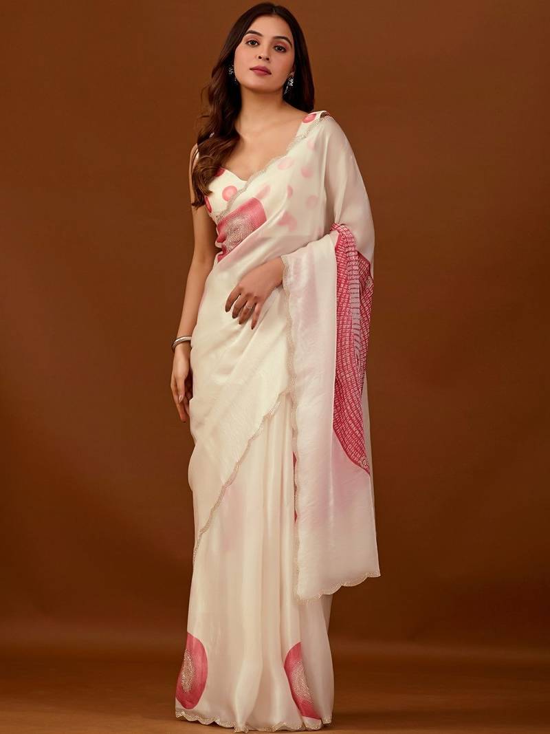 Off white polka dot embroidered organza saree