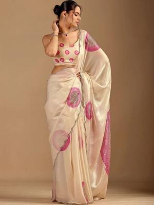 Cream polka dot embroidered organza saree 1