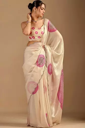 Cream polka dot embroidered organza saree