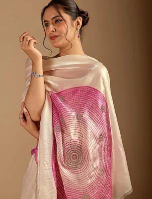Cream polka dot embroidered organza saree 2