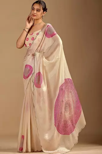 Cream polka dot embroidered organza saree