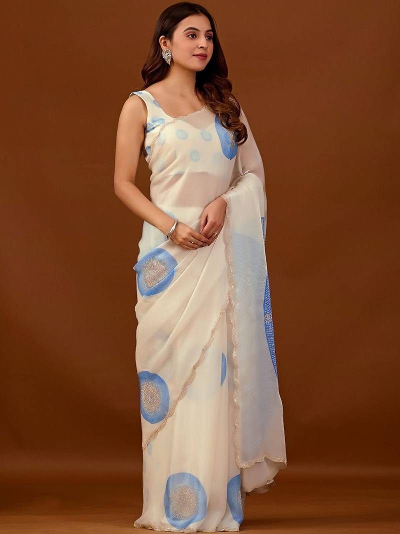 Off white beads and stones organza saree