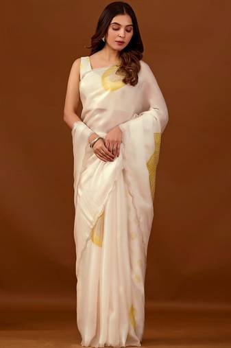 Off white beads and stones organza saree