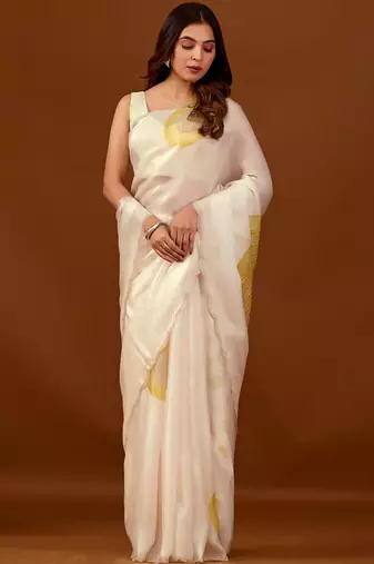 Off white beads and stones organza saree