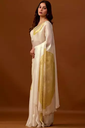 Off white beads and stones organza saree