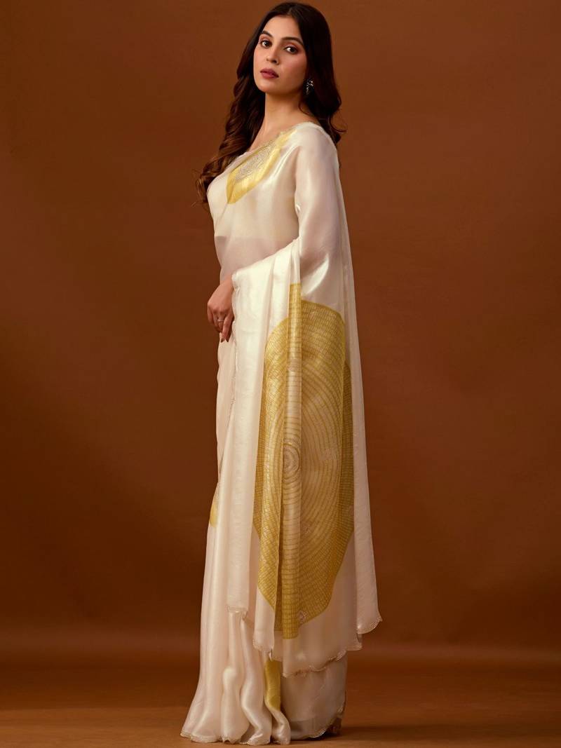 Off white beads and stones organza saree