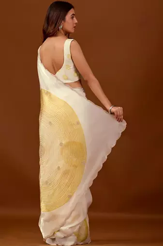Off white beads and stones organza saree