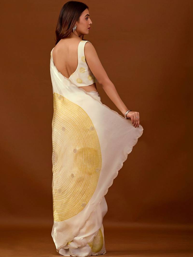 Off white beads and stones organza saree