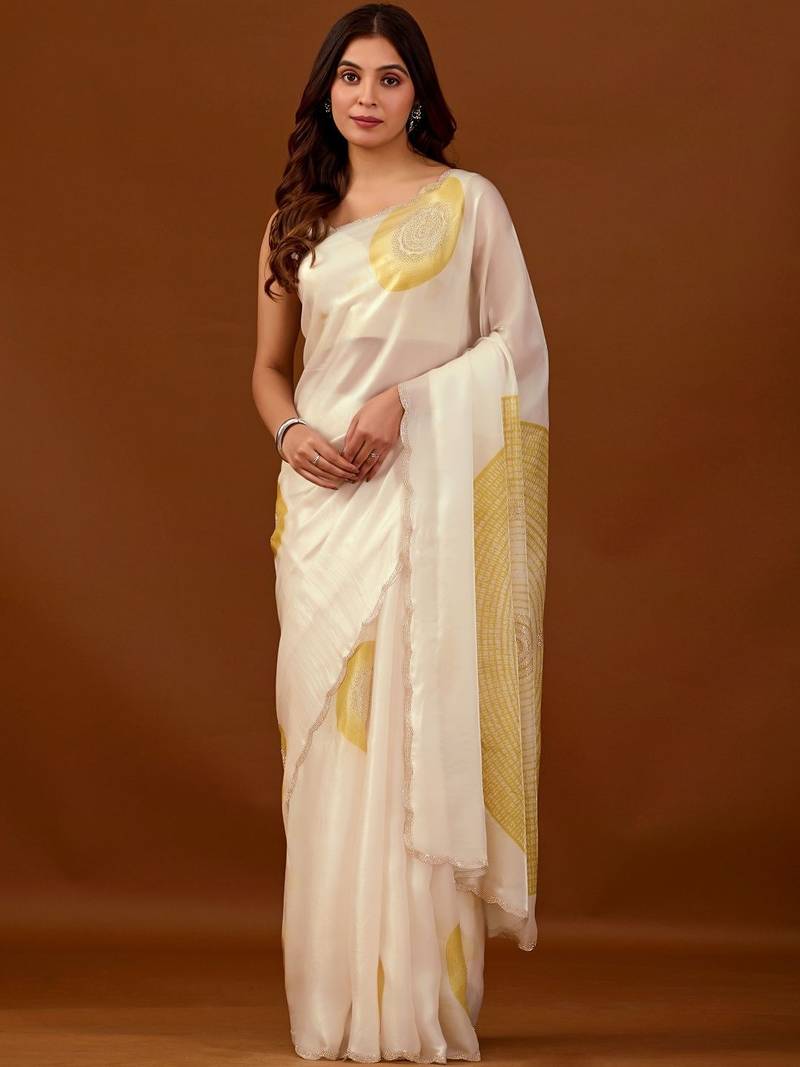 Off white beads and stones organza saree