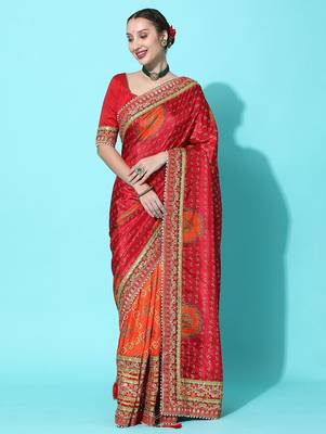 Orange bandhani gotta patti silk blend half and half bandhani saree 1