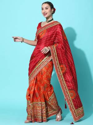 Orange bandhani gotta patti silk blend half and half bandhani saree 2