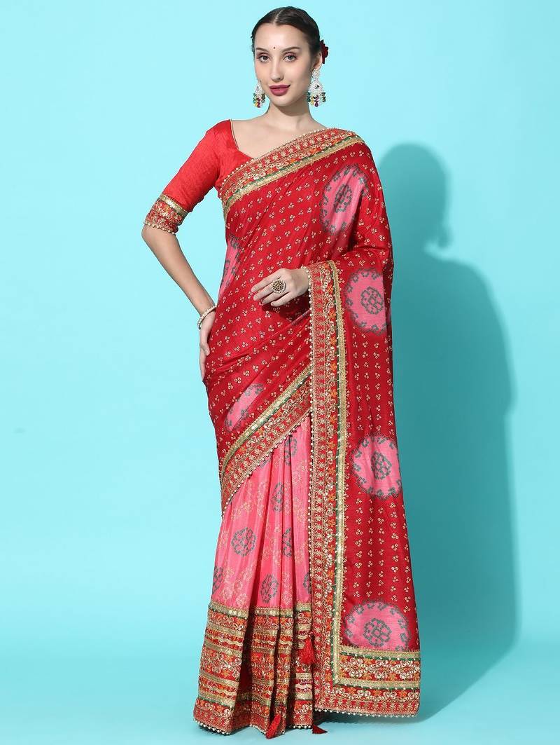 Pink bandhani gotta patti silk blend half and half bandhani saree