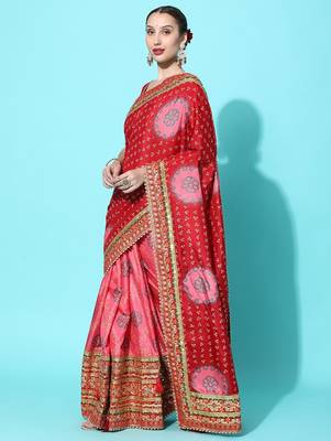 Pink bandhani gotta patti silk blend half and half bandhani saree 2