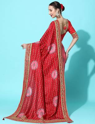 Pink bandhani gotta patti silk blend half and half bandhani saree 3