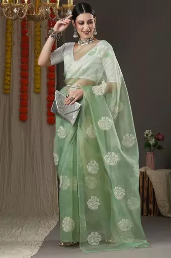 Olive paisley embroidered designer saree