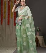 Olive paisley embroidered designer saree