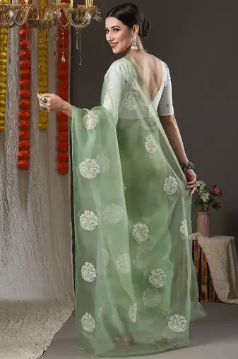 Olive paisley embroidered designer saree