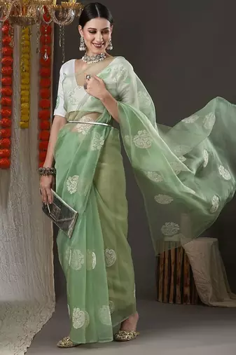 Olive paisley embroidered designer saree