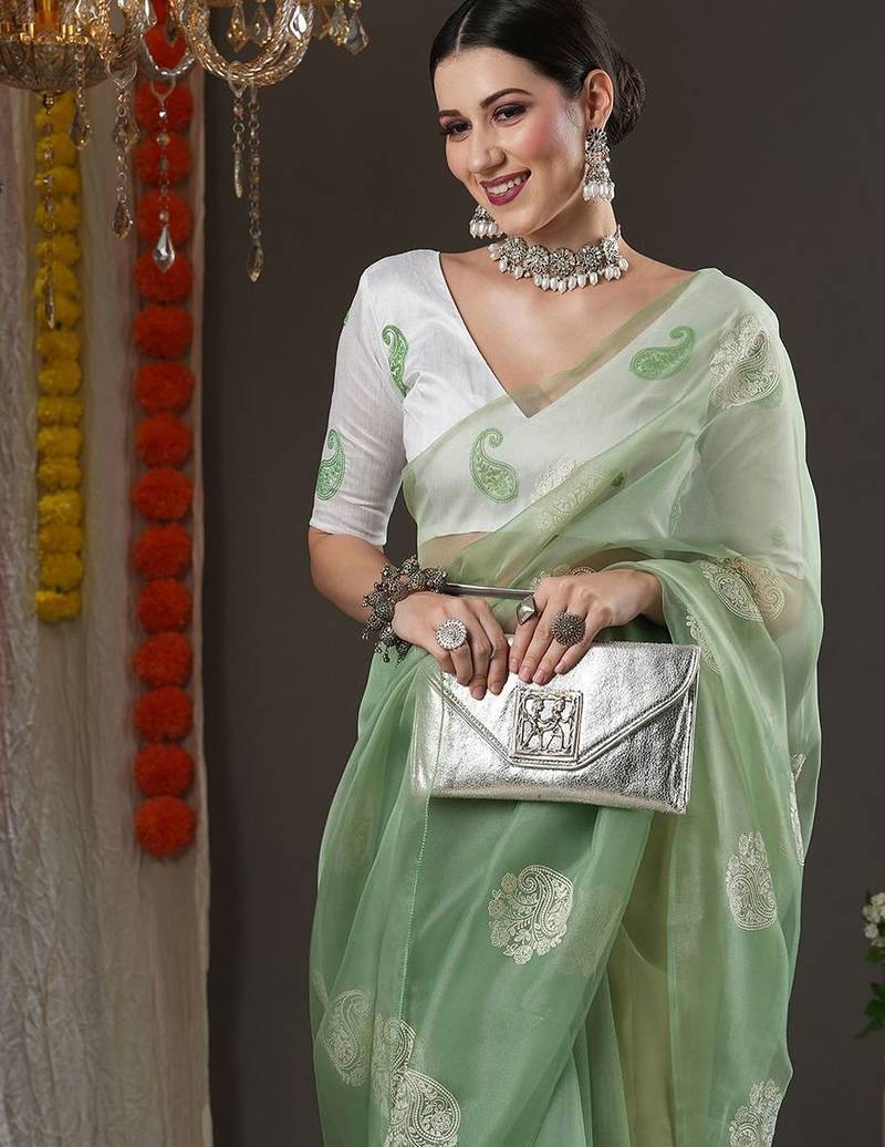 Olive paisley embroidered designer saree