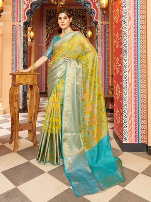 Yellow ethnic woven design pure cotton saree 1