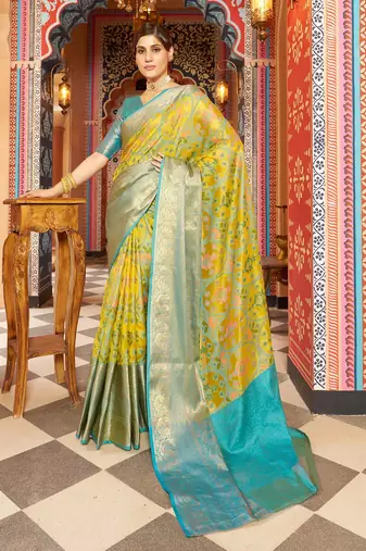 Yellow ethnic woven design pure cotton saree