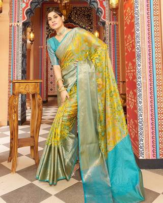 Yellow ethnic woven design pure cotton saree 2