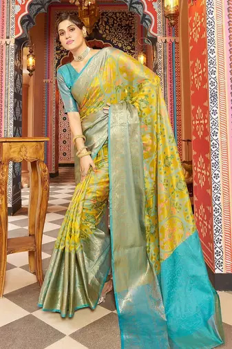 Yellow ethnic woven design pure cotton saree