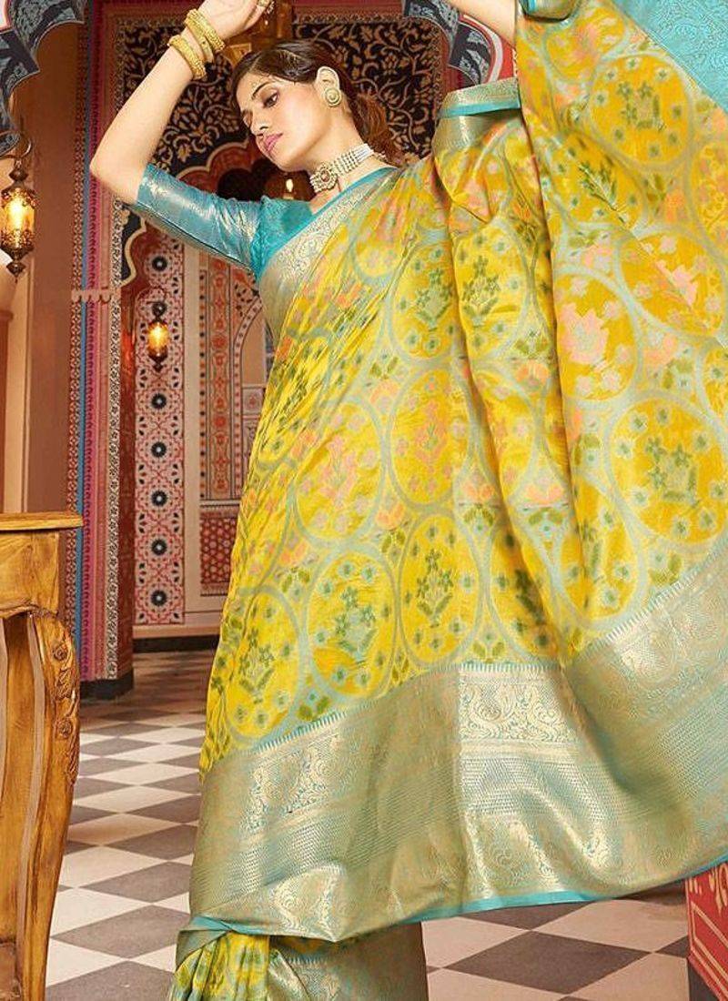Yellow ethnic woven design pure cotton saree