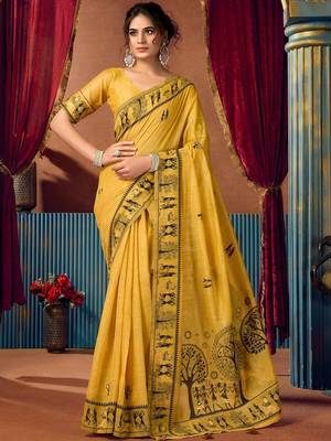 Yellow warli printed zari silk cotton saree with blouse piece 1