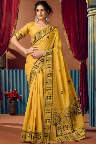 Yellow warli printed zari silk cotton saree with blouse piece