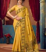Yellow warli printed zari silk cotton saree with blouse piece