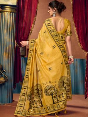 Yellow warli printed zari silk cotton saree with blouse piece 2