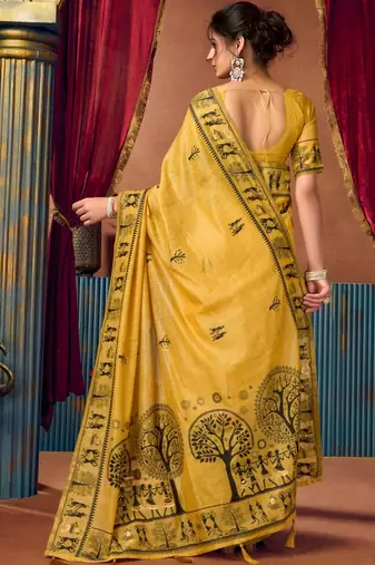 Yellow warli printed zari silk cotton saree with blouse piece