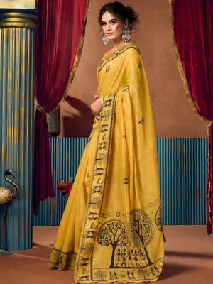 Yellow warli printed zari silk cotton saree with blouse piece 3